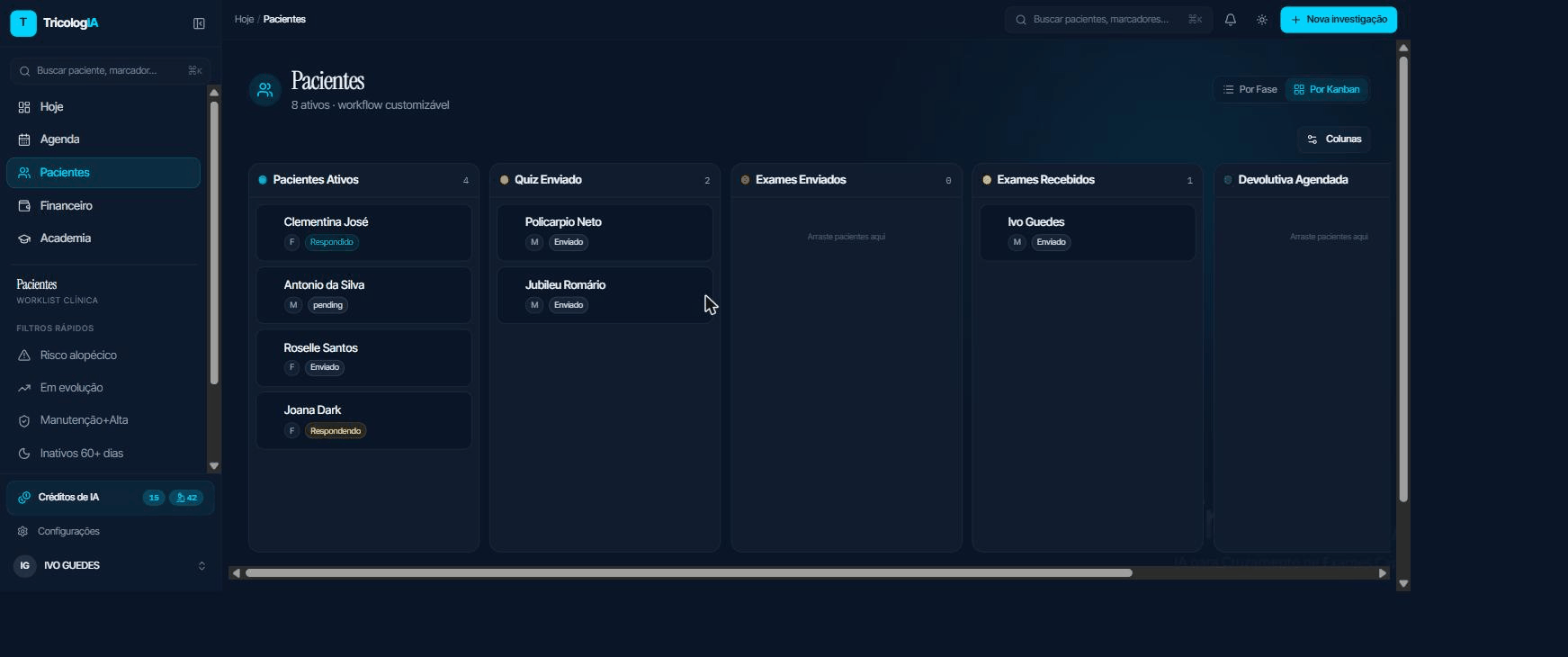 Pacientes em quadro Kanban, em colunas por fase do atendimento