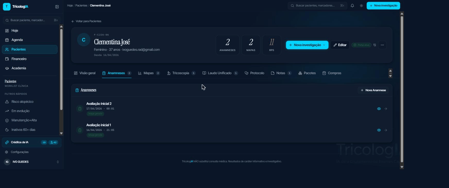 Aba Anamneses do prontuário com status do quiz de cada paciente