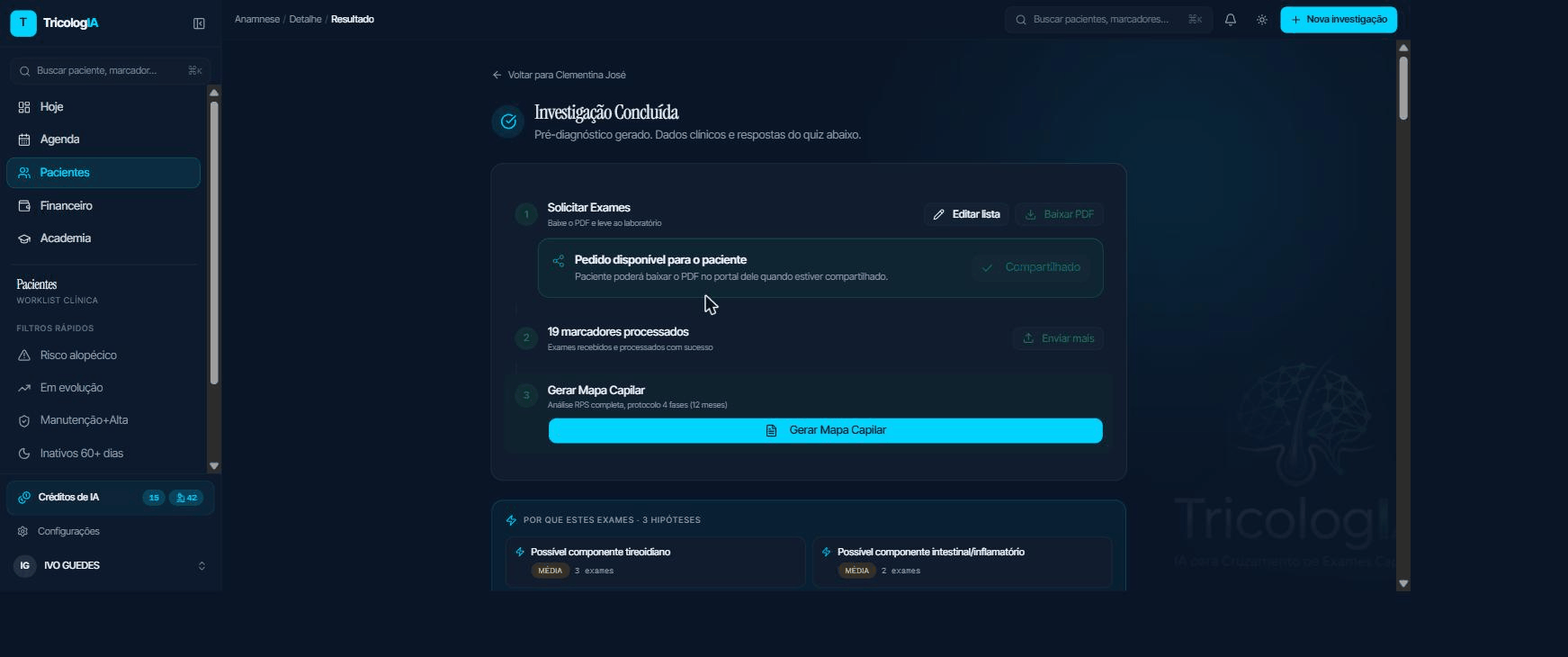 Resultado do pré-diagnóstico com hipóteses e lista de exames