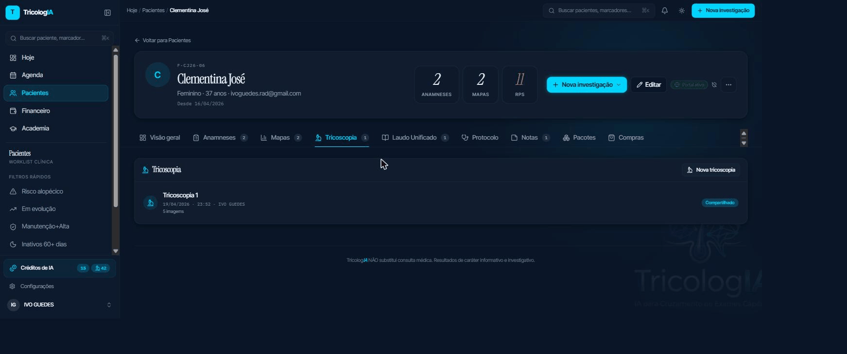 Aba Tricoscopia no prontuário do paciente, com as sessões