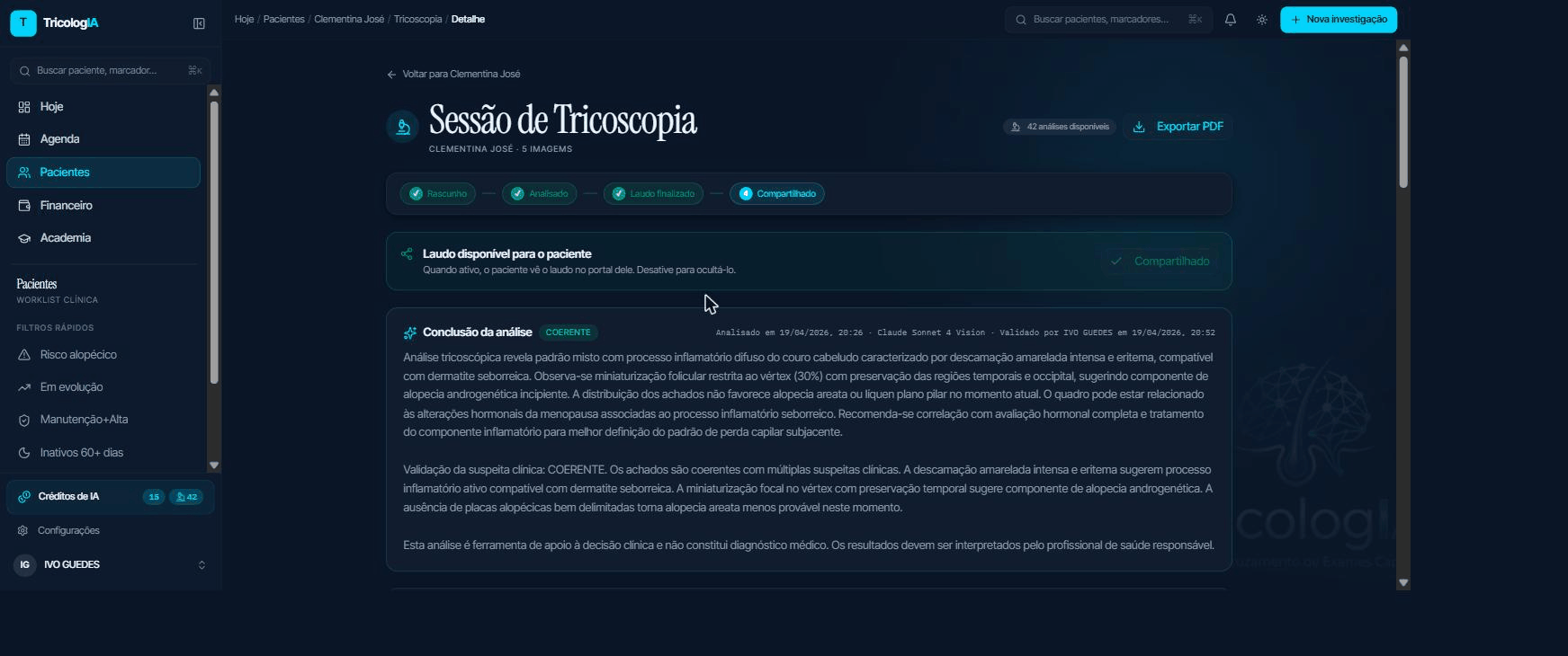 Sessão de tricoscopia com a análise de IA por imagem