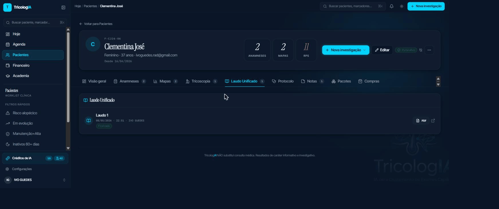 Aba Laudo Unificado no prontuário, com o cockpit de seções