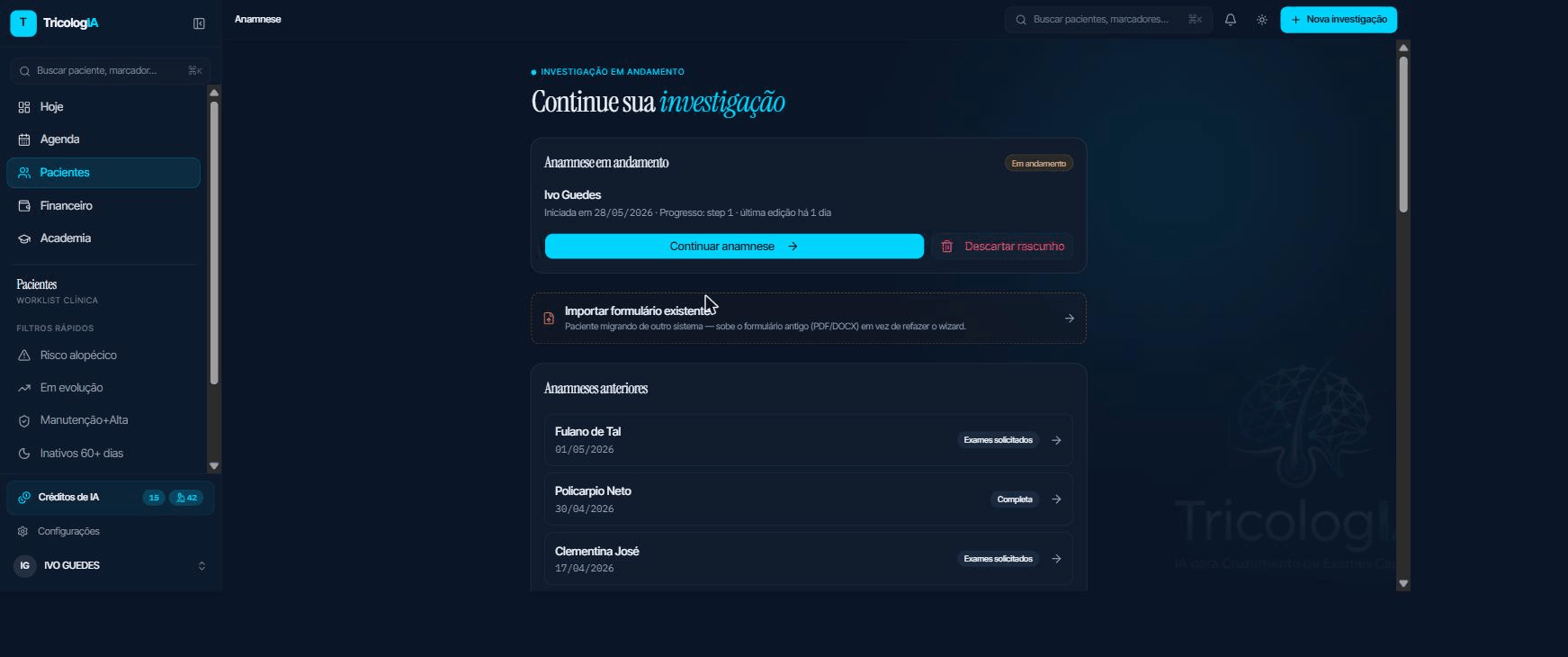 Lista global de anamneses em investigação