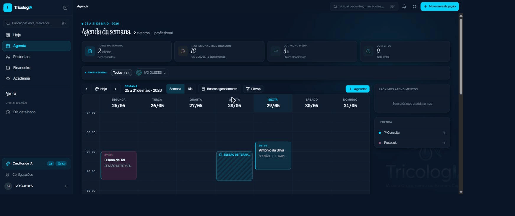 Visão semanal da agenda com atendimentos, filtros e indicadores