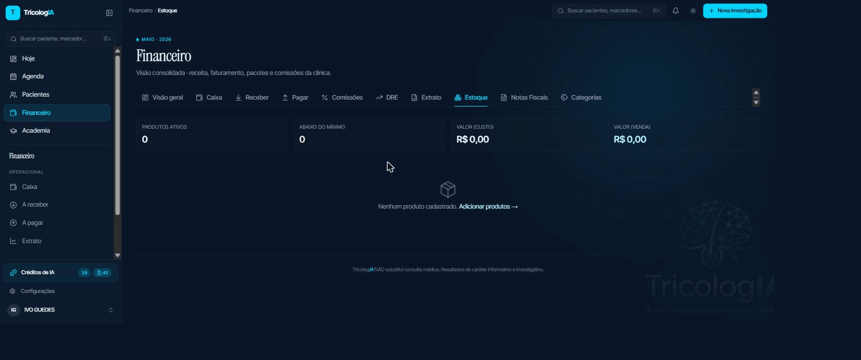 Tela de Estoque com produtos e movimentos