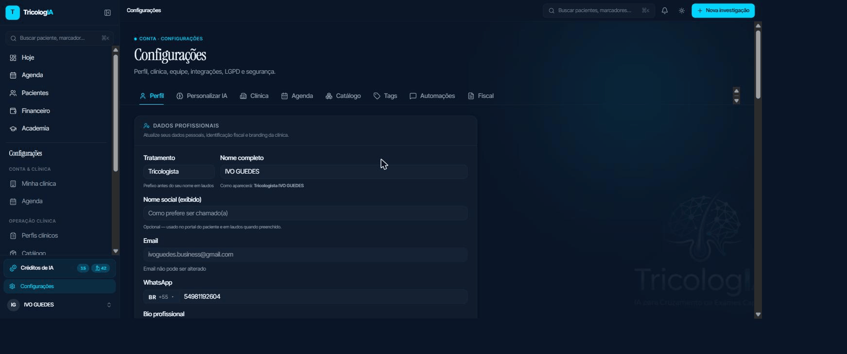 Aba Perfil das configurações com dados profissionais e da clínica