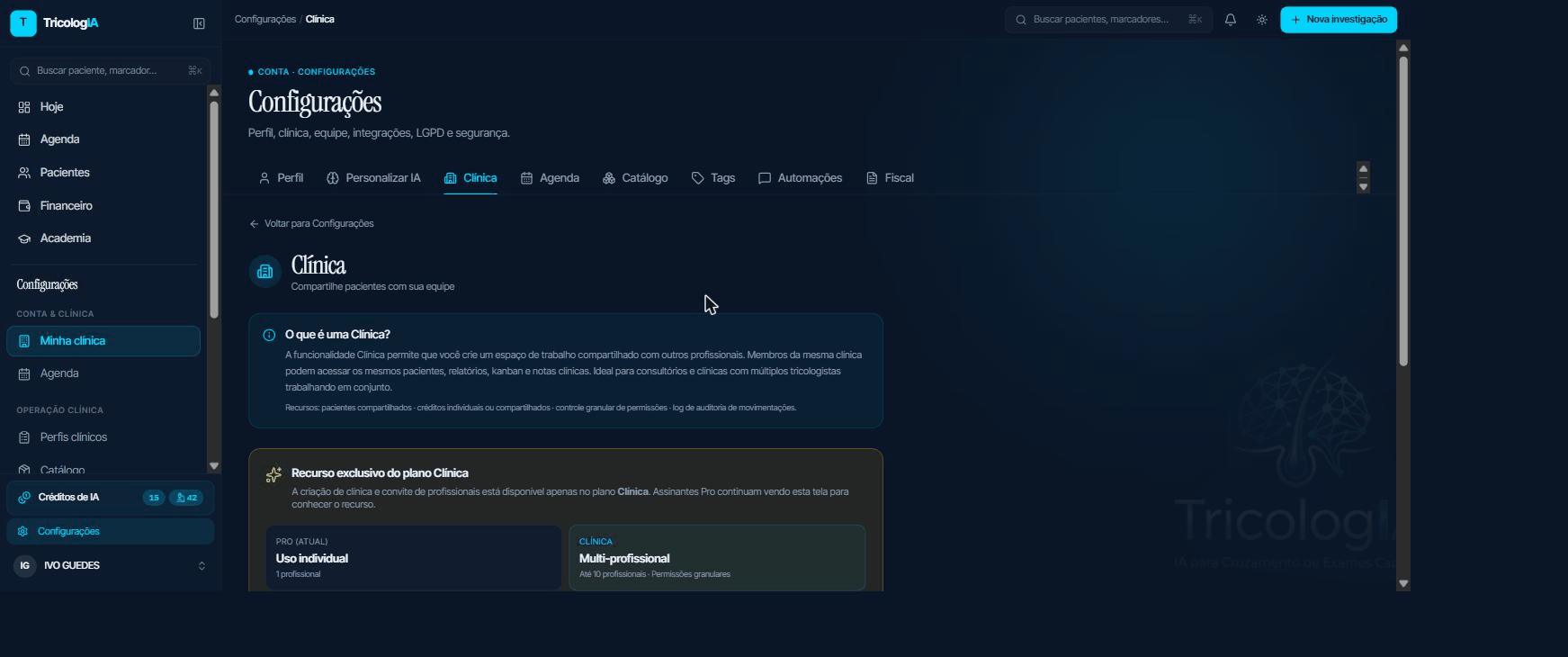 Aba Clínica das configurações com a equipe e permissões