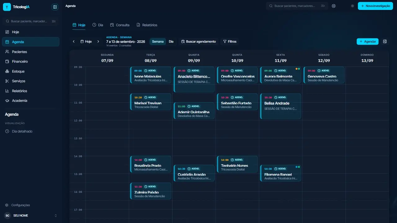 Grade semanal da agenda com atendimentos distribuídos ao longo da semana