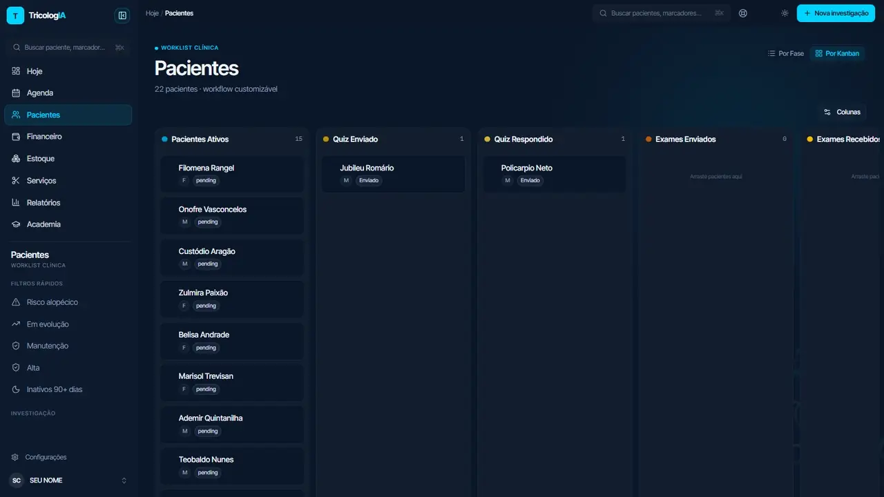 Quadro kanban de pacientes, com colunas por etapa do fluxo de investigação